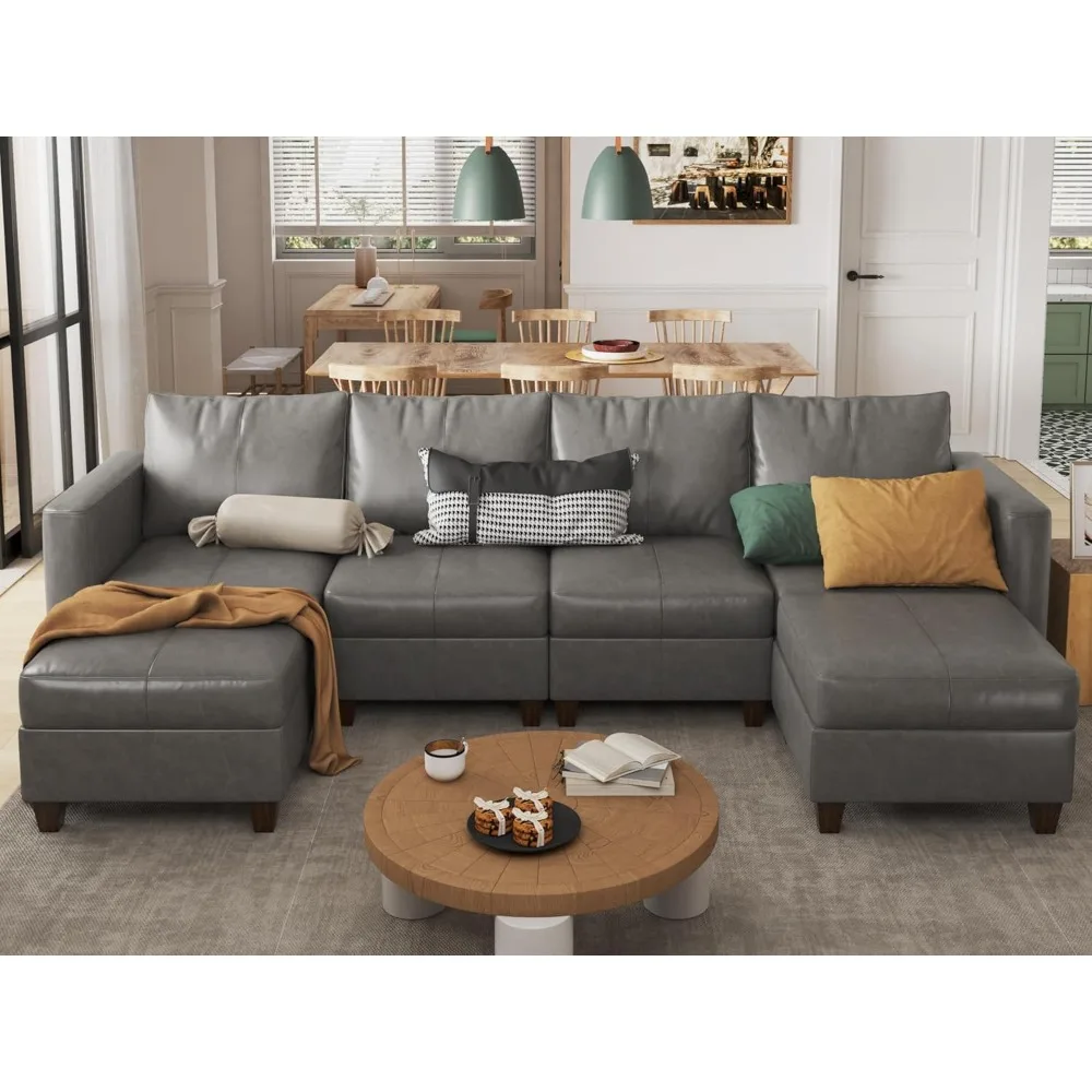 

118" Living Room Sofas with Storage, Faux Leather 6 Seat U Shaped Sectional Couch, Leather Sofas