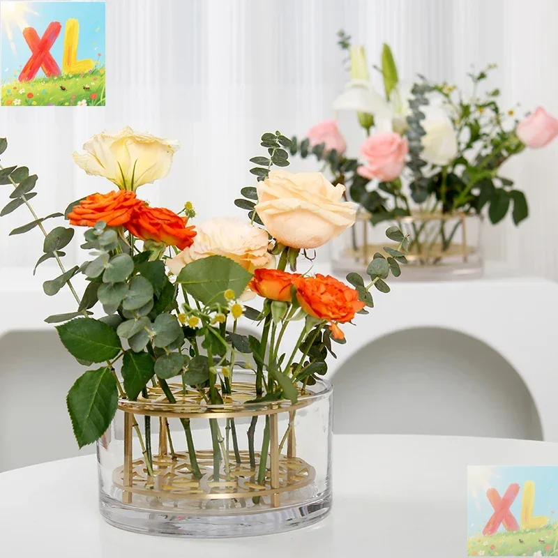 

Brass glass flower vase living room dining table hydroponic plants flower arrangement desktop decoration ornament