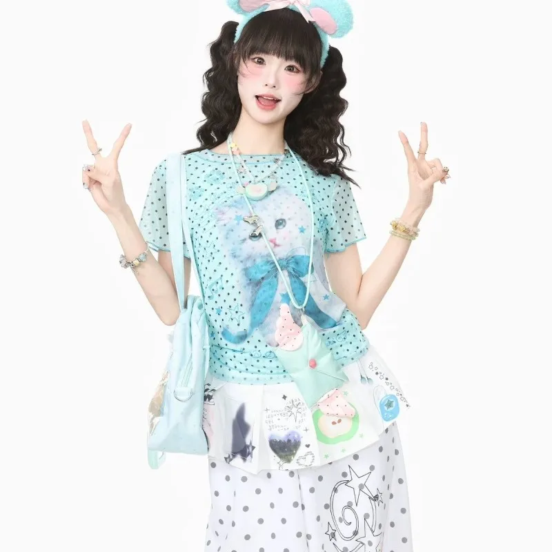 Kimotimo Cute Polka Dot Cat Print Mesh T-shirt Women Summer New Fungus Edge Slim Thin Crop Top Japanese Sweet Y2k Aesthetic Tees