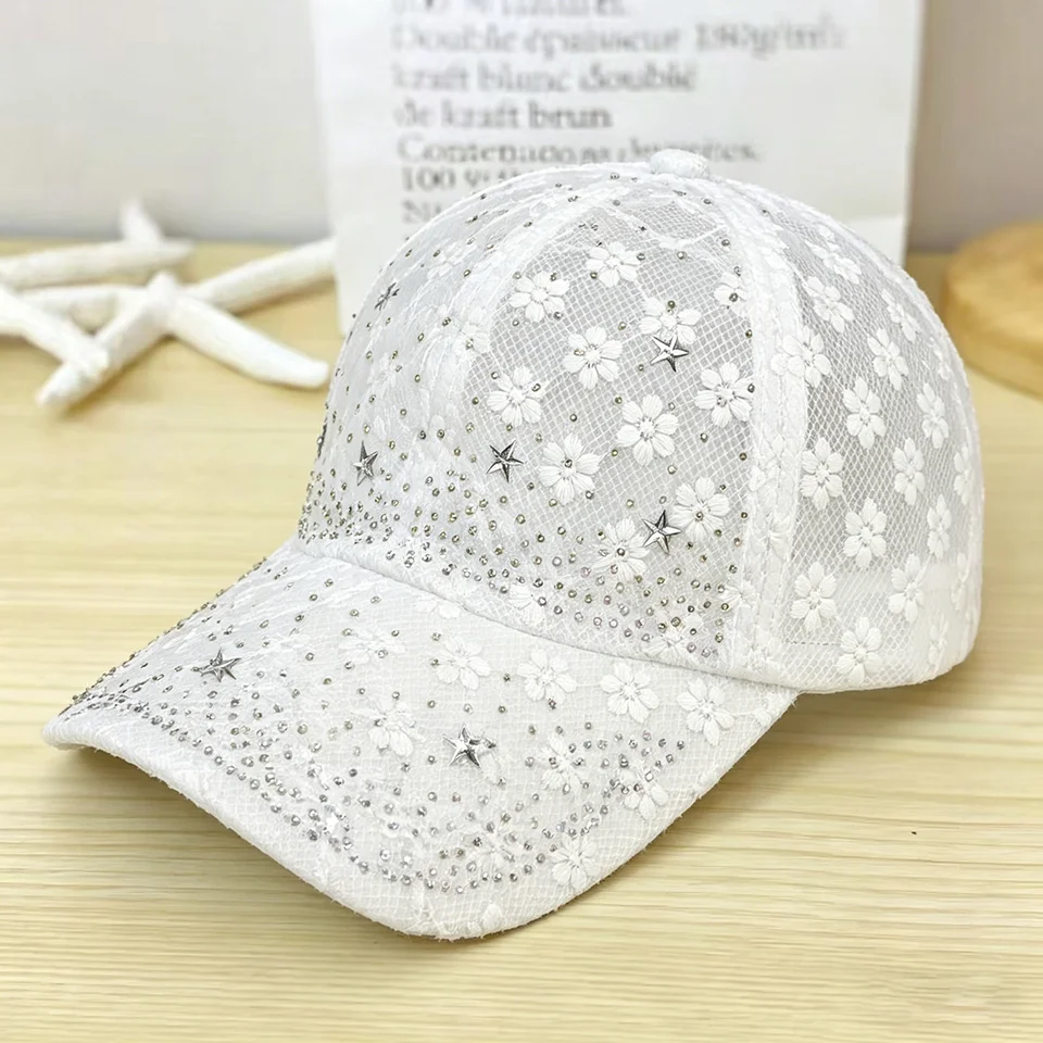 Shiny Bling Love Rhinestone Baseball Cap Summer Adjustable Mesh Ventilated Sun 1x Lady Lace Rhinestone Baseball Cap Sun Hats Mesh Hollow  main image 3