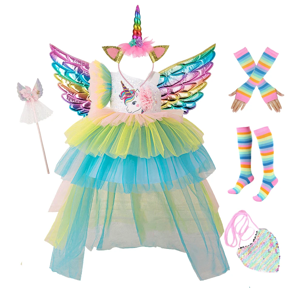 Girl Princess Dress Unicorn Rainbow Cake Mesh Tail Dress Halloween Costume Wedding Flower Children Clothing Party Clothes