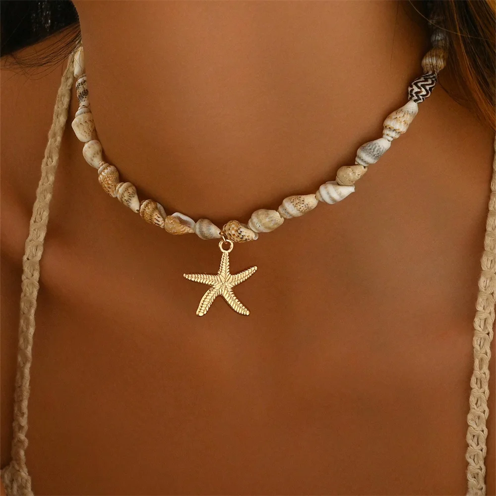 Beach Style Natural Seashell Beaded Necklace With Handmade Tropical Starfish Pendant Fashion Ocean Inspired Jewelry Choker Women