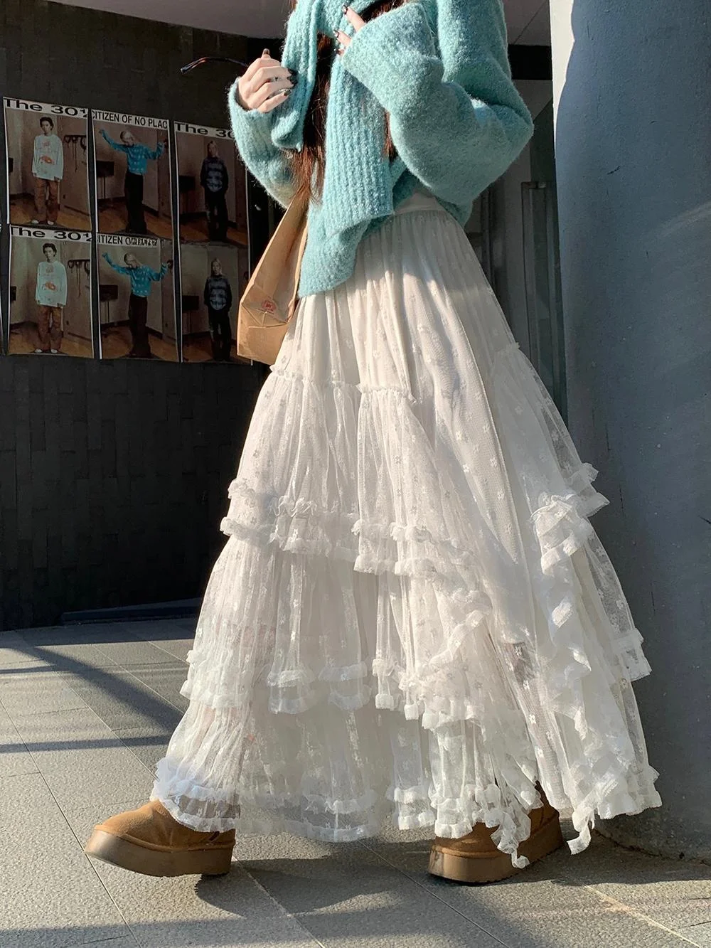 Large Size Autumn Winter Floral Lace Half Skirt Elegant Sweet Princess Puffy Cake Long Skirt Korean Style High Waist A-Line