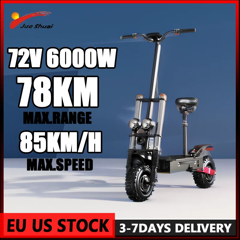 78KM Long Range Electric Scooter with 72V 6000W Powerful Dual Motor 11Inch Off Road Tire 85KM/H Fast Speed Escooter for Adults