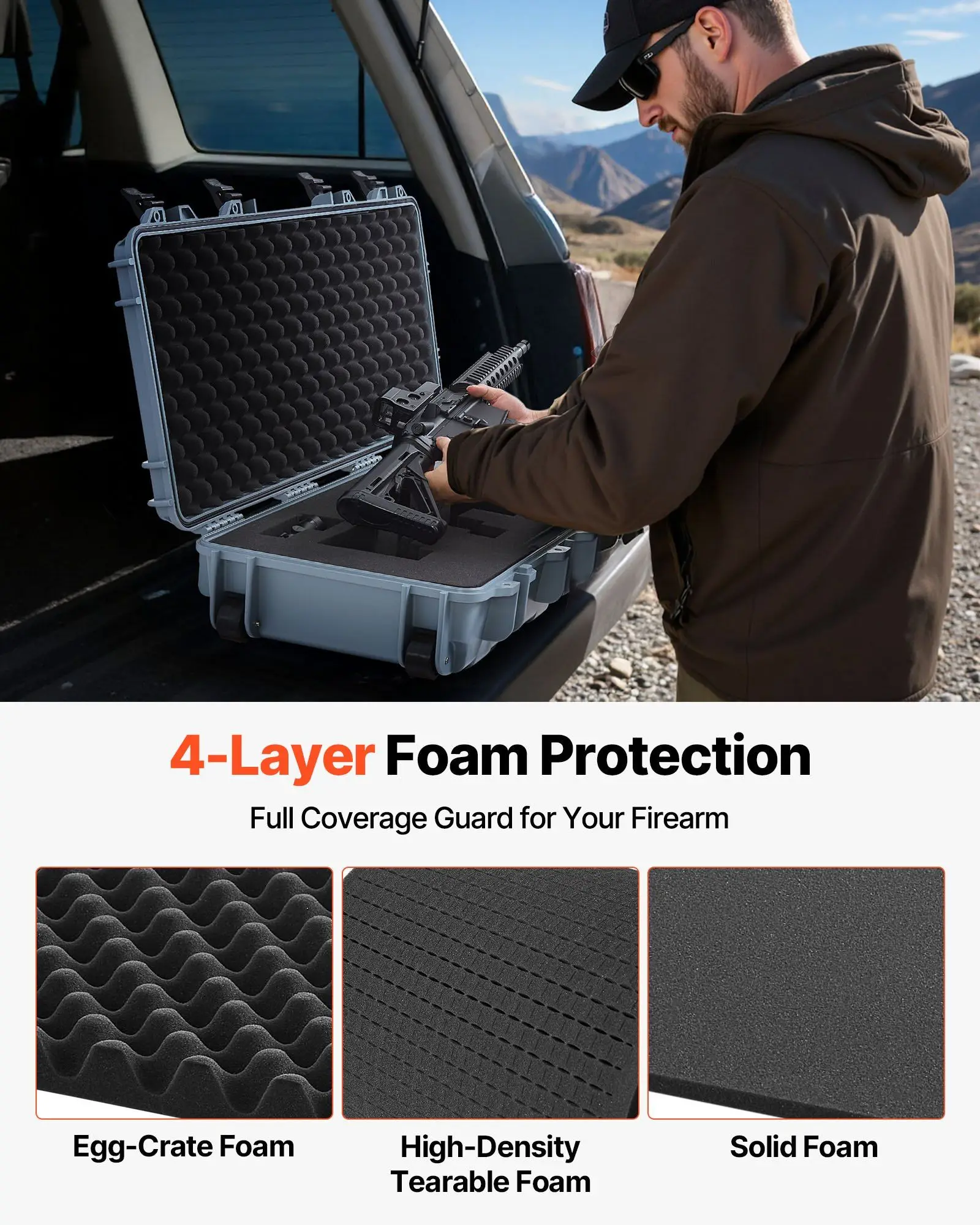 حافظة بندقية صلبة قابلة للقفل مقاس 40 بوصة مع عجلات IP67 رغوة مسبقة القطع مقاومة للماء لمسدس Airsoft وتخزين الأسلحة النارية متوافقة مع TSA