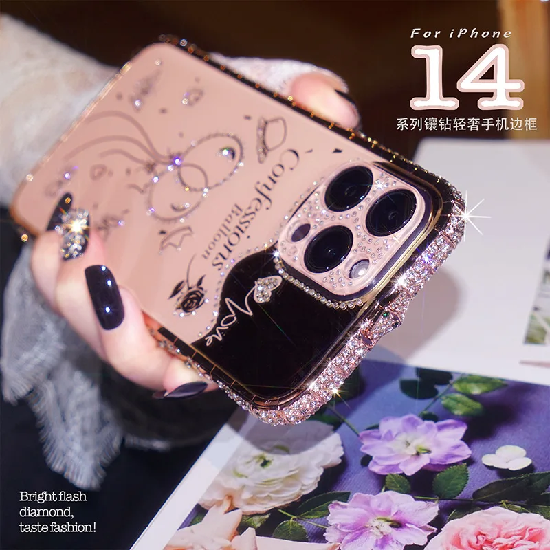 

Bling Diamond Mobile Phone Heavy Duty Bumper Cases For Iphone 14 13 12 11 Pro Max Case Girl Glitter Rhinestone Metal Frame Cover