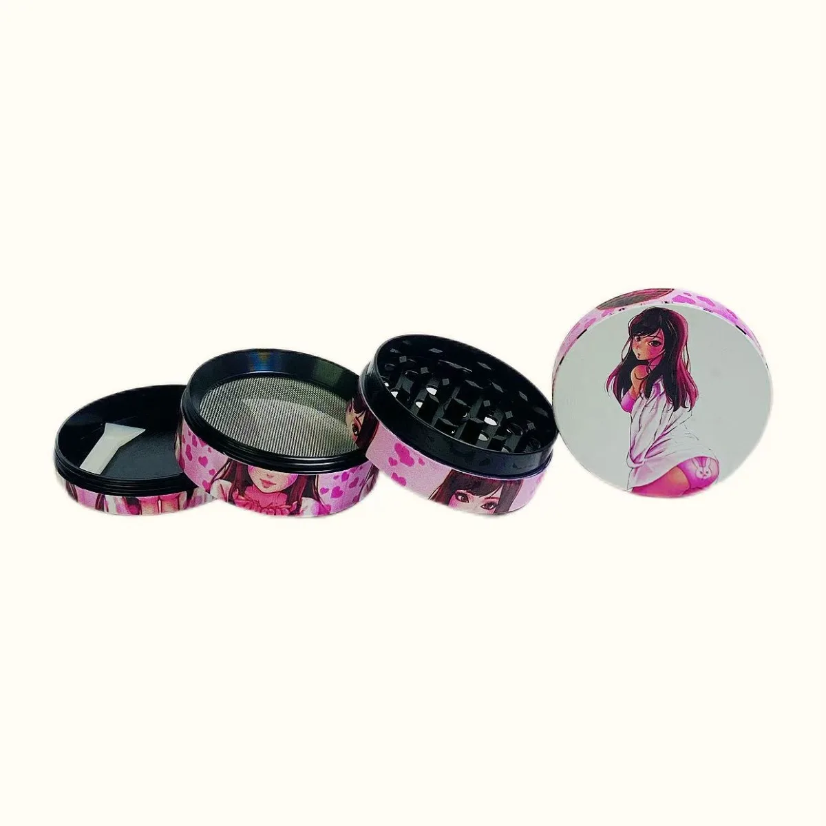 2 Inch 5cm 4 Layer Anime Girl Print Zinc Alloy Herb Grinder Pollen Catcher Cleaning Brush Magnetic Closure Manual Tool Gift