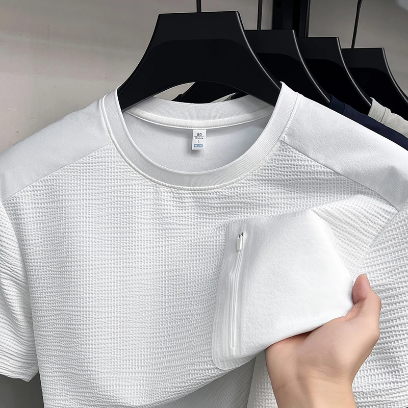 Fashion fake pocket design short sleeve T-shirt men's high-quality new zipper decoration summer breathable casual round neck top
