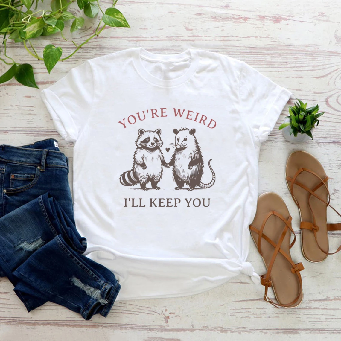 

You're Weird I'll Keep You T Shirt Cute Raccoon and Possum Tee Vintage Short Sleeve Tshirt Men Women Graphic Tees Streetwear Top