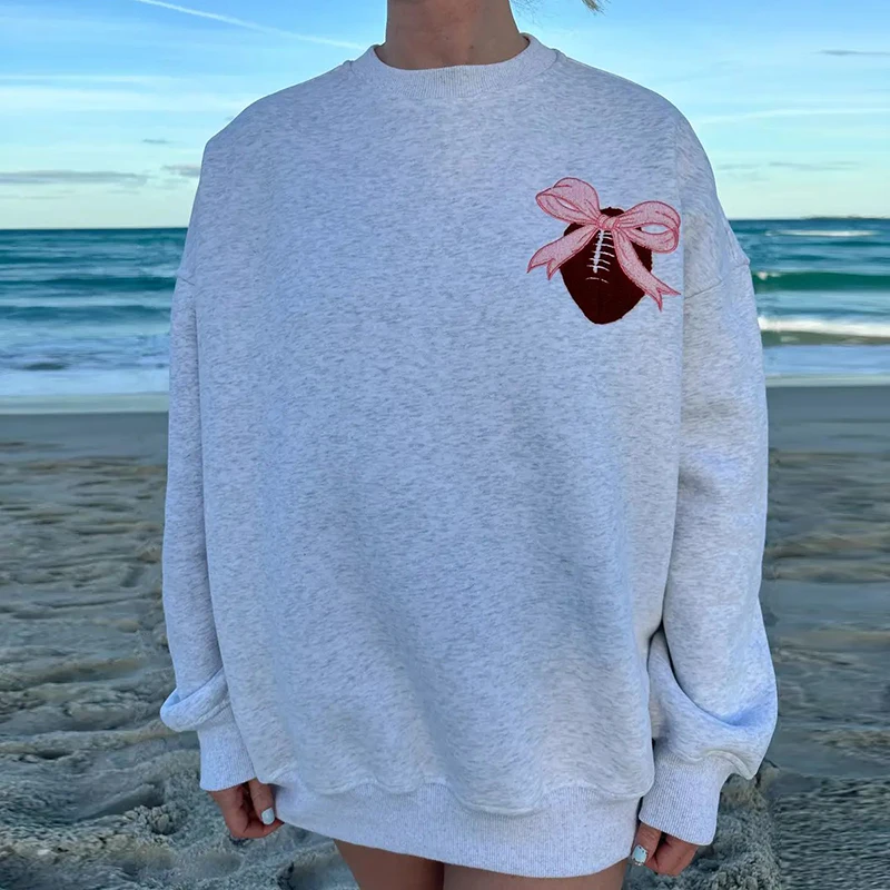 

Trendy Bow Rugby Pattern Pullovers Women Cute Loose Sweatshirts Casual Fall Long Sleeve Hoodies Tops Y2k Vintage Streetwear