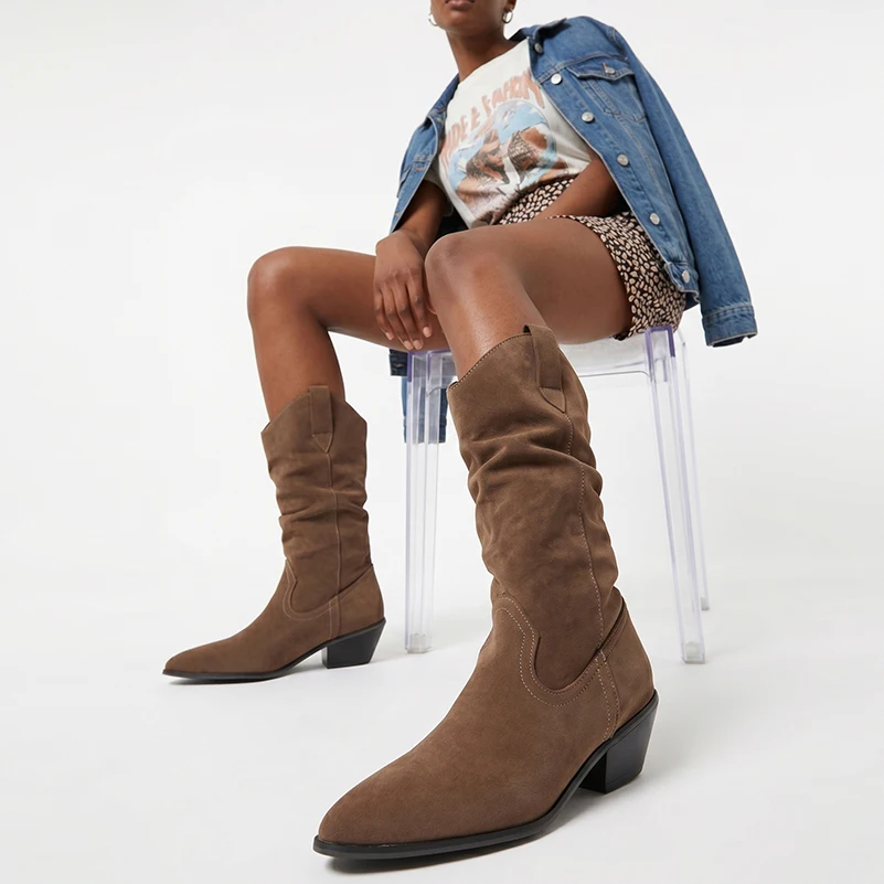 Plus Size Pointed Toe Mid-Heel Slip-On Mid-Calf Boots with Ruched Detail, Suede Upper and Fleece Lining Casual Women's Boots