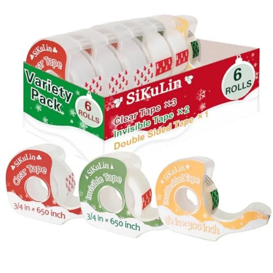 Tape, Gift Wrapping Tape, 6 Rolls with Dispensers, Includes Invisible, Double-Sided and Clear Tape for Wrapping Paper, Back to