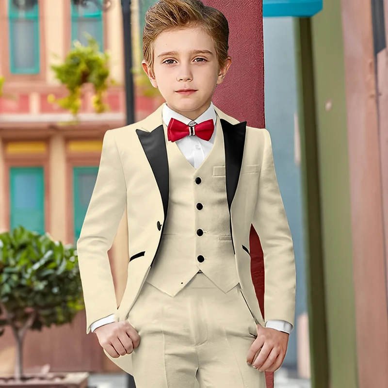 Elegant White Three-Piece Boys Formal Tuxedo Suit Long Sleeves and Velvet Peak Lapel Ring Bearer Suit High-End Banquet Attire