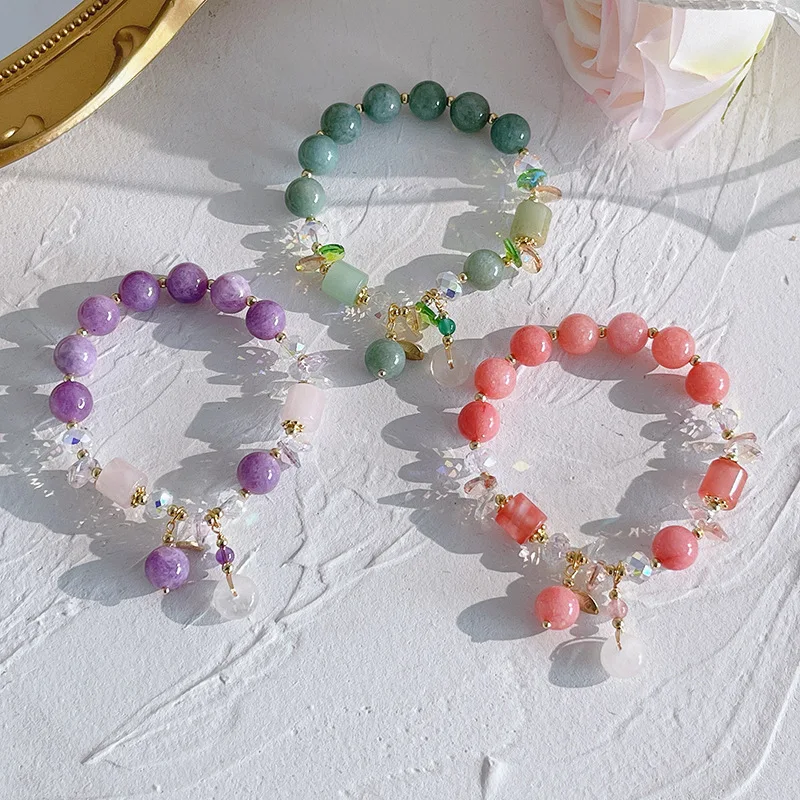 

Ruifan Pink/Green/Purple Natural White Crystal Lucky Round Ring Stone Beaded Bracelets for Women Fashion Jewelry YBR696
