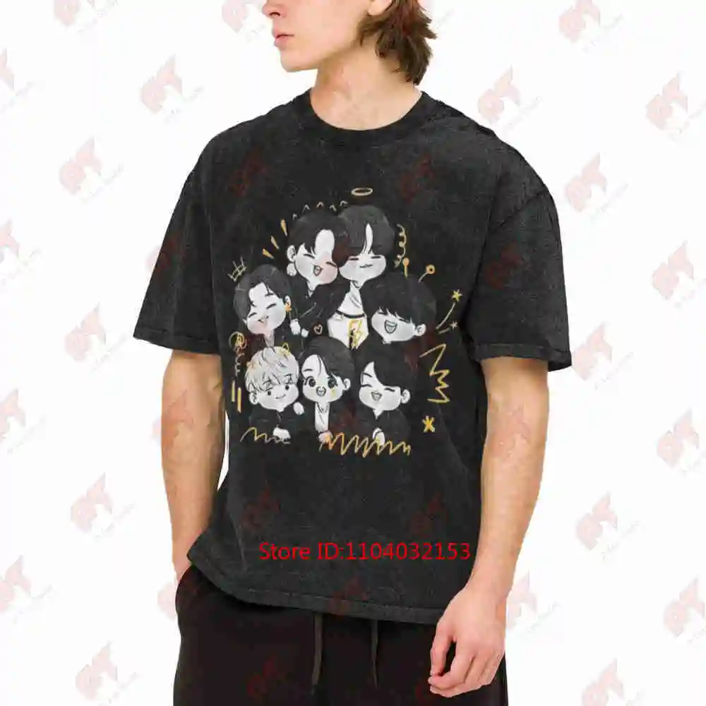 Kpop Group Chibi 6 Member Band Korean Text Vintage Washed Tee Pure Cotton T-Shirt