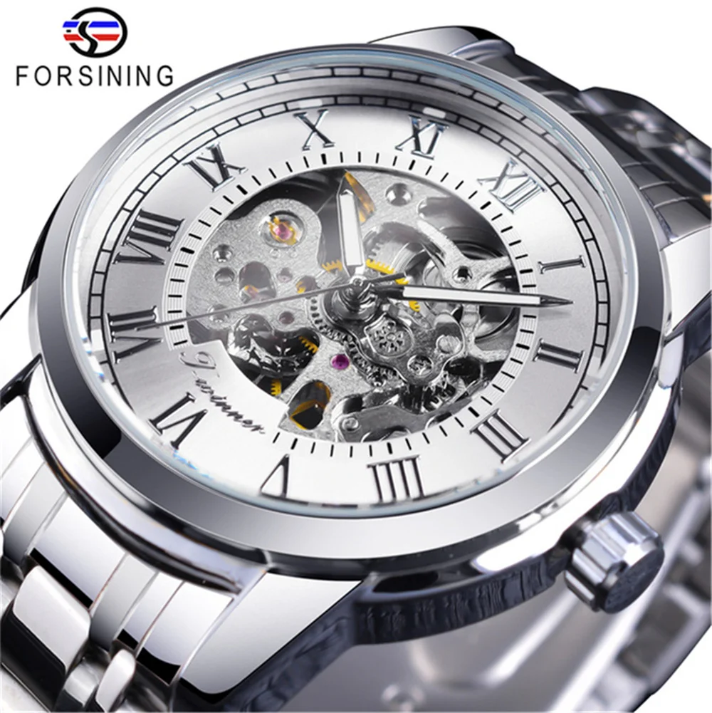 

Fashion Forsining Luxury Top Brand Hot Sale Skeleton Hollow Full Stainless Steel Mechanical Hand Wind Men Business Watch Relogio