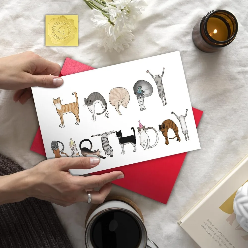 Cat Alphabet Birthday Greeting Card | Whimsical Cat Illustration Birthday Card with Red Envelope | Ideal for Cat Lovers - view 3