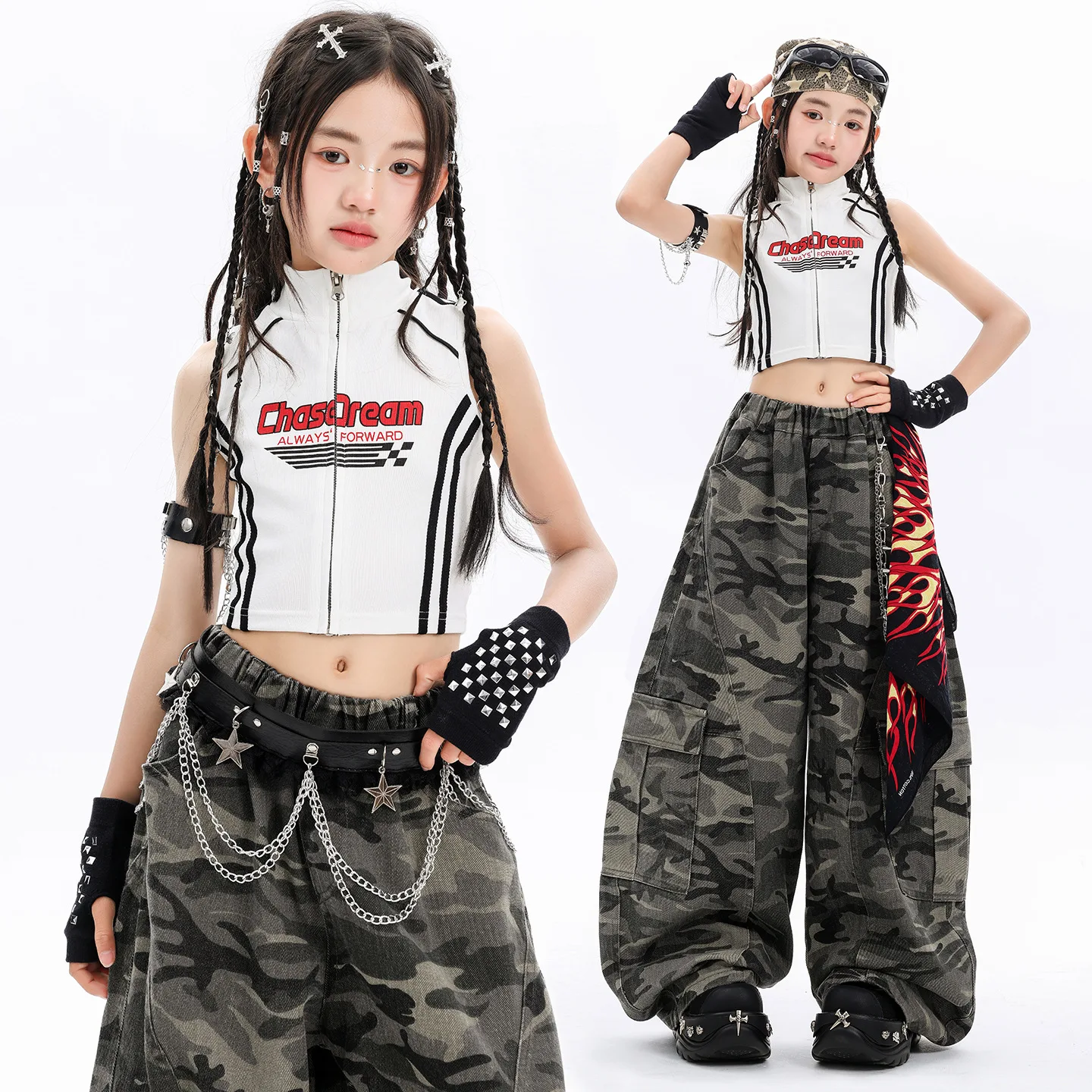 Girls Hip Hop white Zipper Tank Top Camouflage Curved Pants Children Street Dance Streetwear Jazz Girl Group Stage Dance Costume