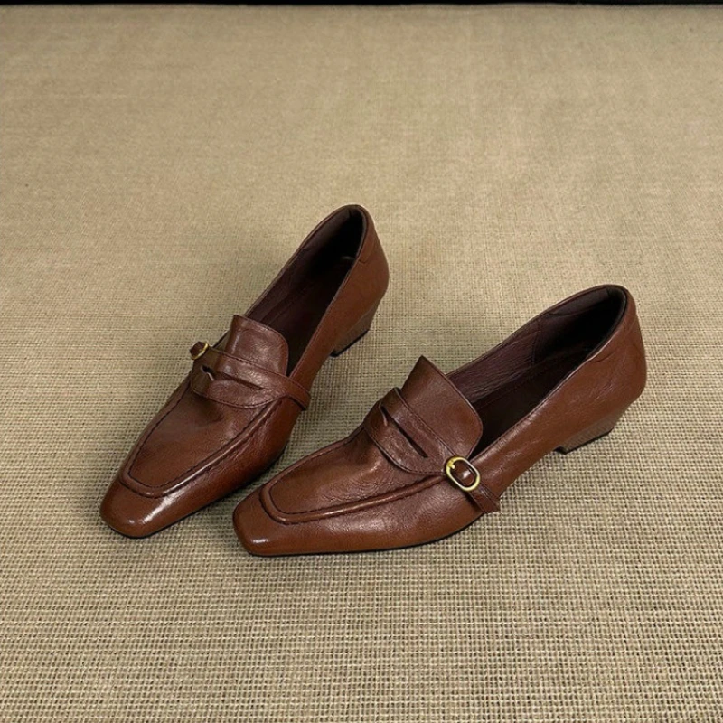 

Women's Solid Color Retro British Style Thick Heel Loafers Spring and Autumn New Comfortable Slip-on Shallow Mouth Low-top Shoes
