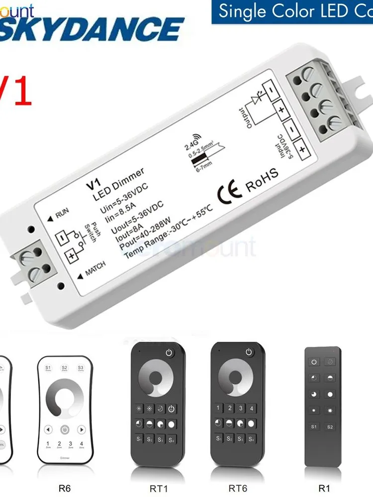 Skydance V1 LED Dimmer 1CH 5V 12V 24V 36V Enkele Kleur LED Strip Dimmen Kit Draadloze 2.4G RF 4Zone Afstandsbediening Touch Schakelaar - afbeelding 2