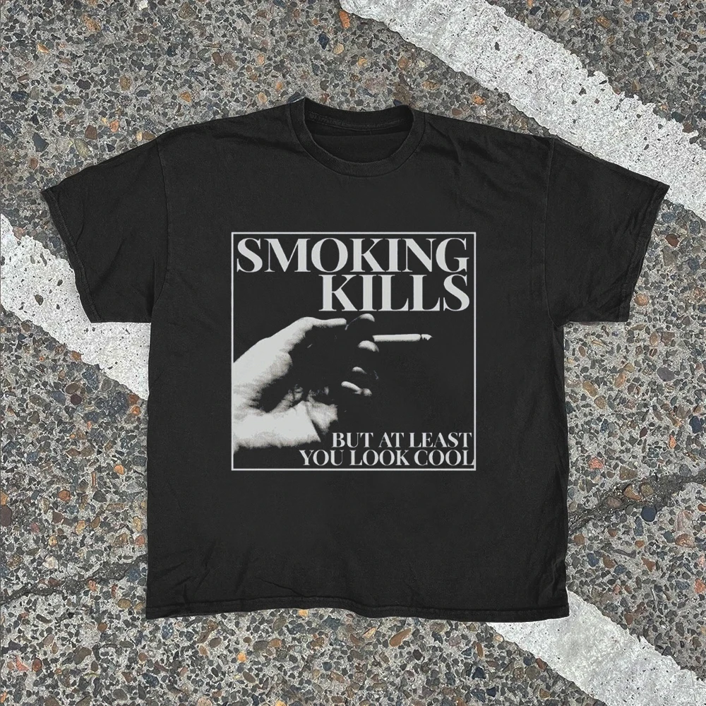 Y2K Decadent Style Smoking Death Pattern T-Shirt Men Women 90s Cotton T-shirt Aesthetic Streetwear Harajuku Y2K Casual Tops