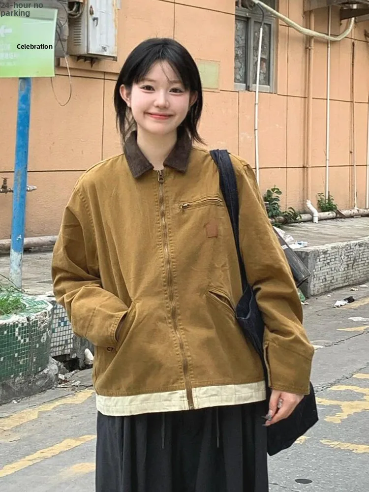 Retro Hong Kong Style Workwear Jacket Women's Spring Autumn Fashion Brand Super Beautiful Mural Jacket Top Zipper Decoration