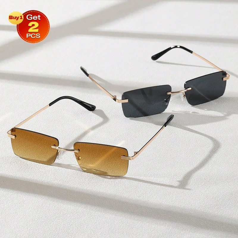 2PCS Men Cool Sunglasses Rimless Rectangle Frame Glasses For Daily Life Outdoor Travel Women Eyewear .