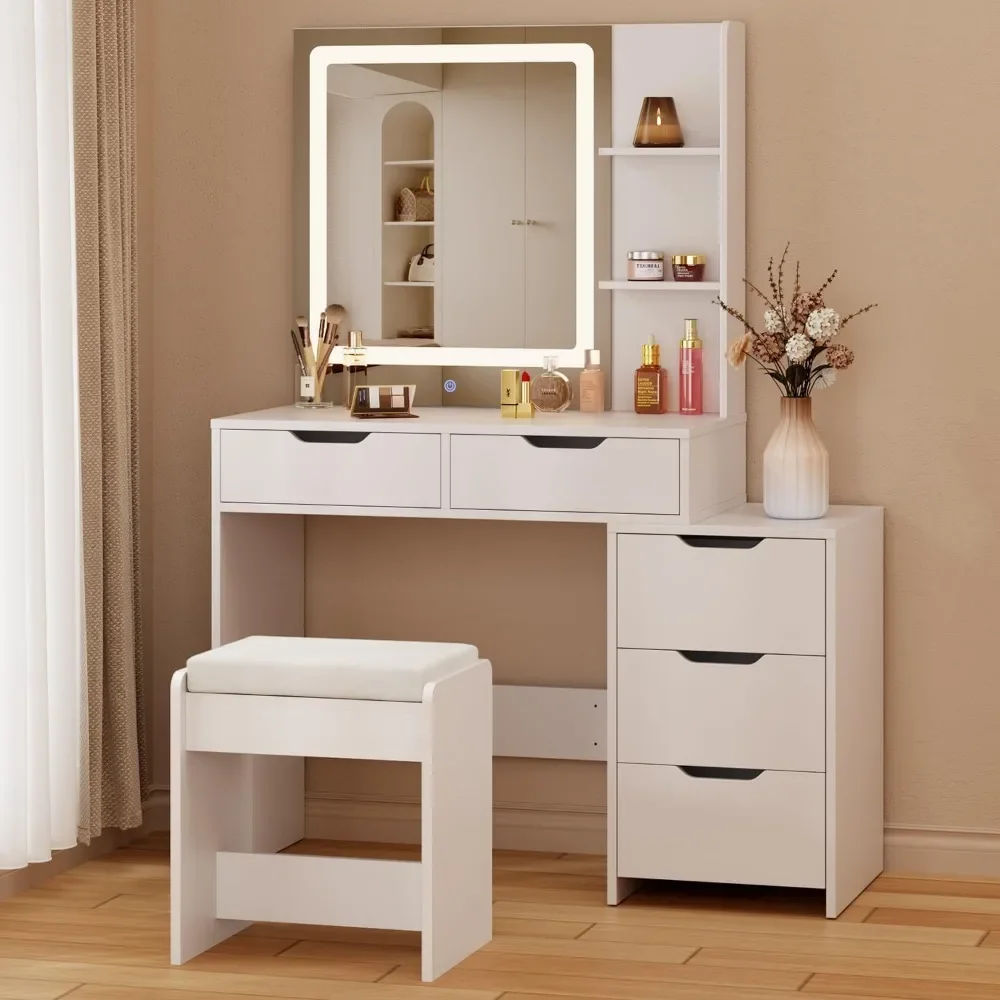 Aiho-Vanity Desk Maquiagem com Espelho e Luzes, 5 gavetas e prateleiras de armazenamento, 43,5 "Vanity Table