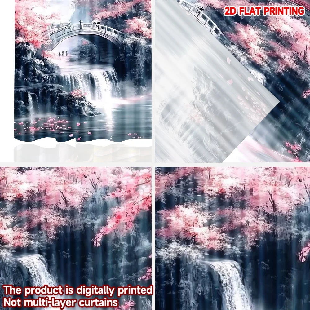 2pcs Pink Cherry Blossom Curtains Waterfall Pagoda Bridge Window Drapes Vintage Asian Landscape Decor Living Room Bedroom