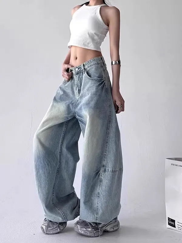 

American Style Vintage Hip Hop Light Blue Wide Leg Knife Jeans Women's Spring Autumn Loose Casual Floor Length Pants