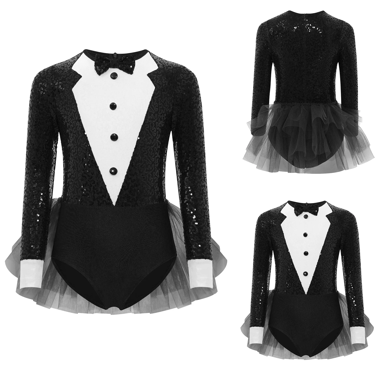 Girls Jazz Dance Bodysuit Sparkly Sequins Long Sleeve Round Neck Skirted Leotard Latin Jazz Leotard for Figure Skating Show