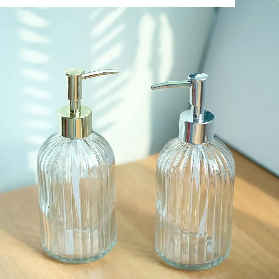 400ml Old Fashioned Clear Glass Manual Pressure Liquid Soap Dispenser for Bathroom Sink Large Capacity Non-slip Gold Silver