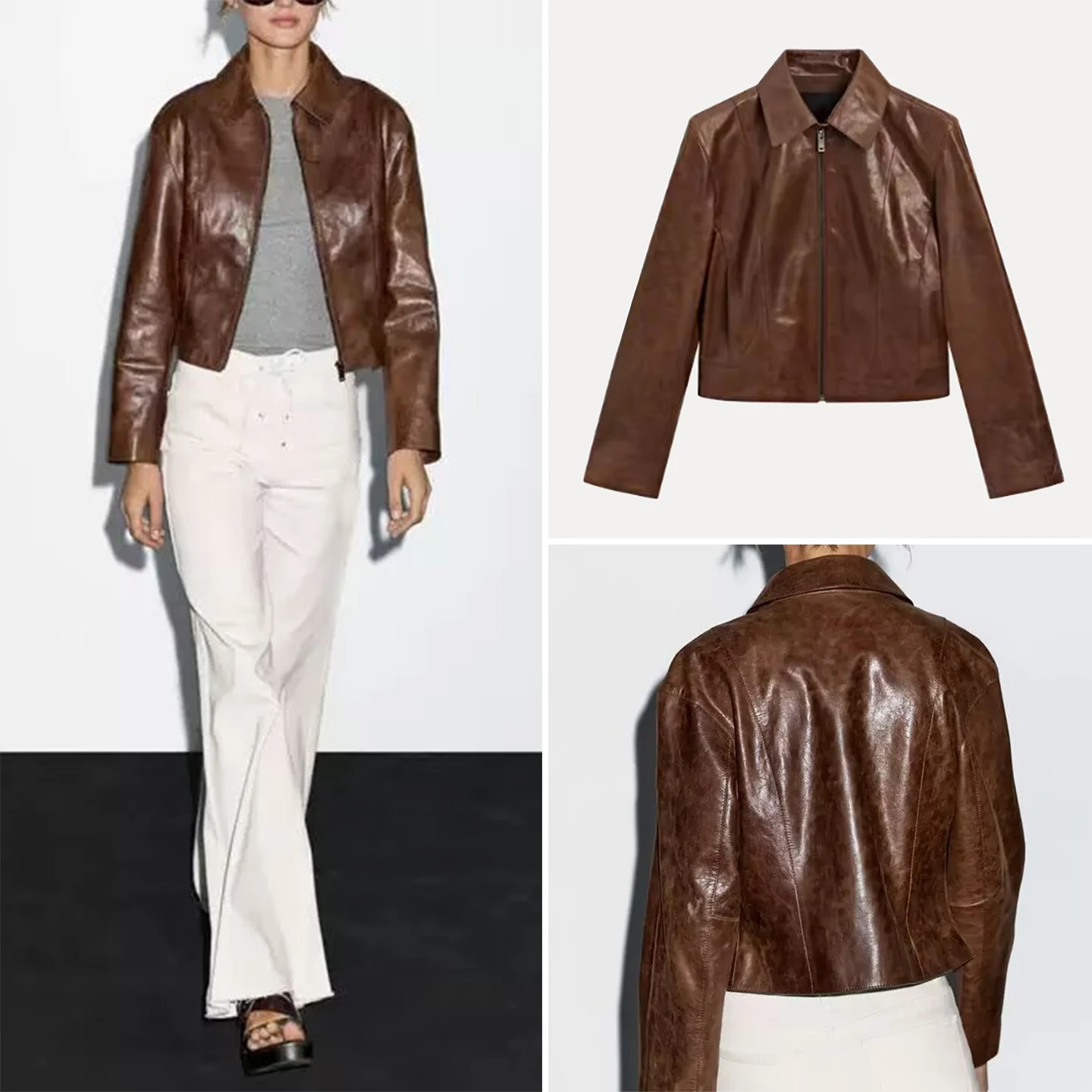 

ort Flip Collar Leather Jaet Women's Sle 2025 Autumn New Arrival Zipper Straight Tube Long Sve Collar Coat