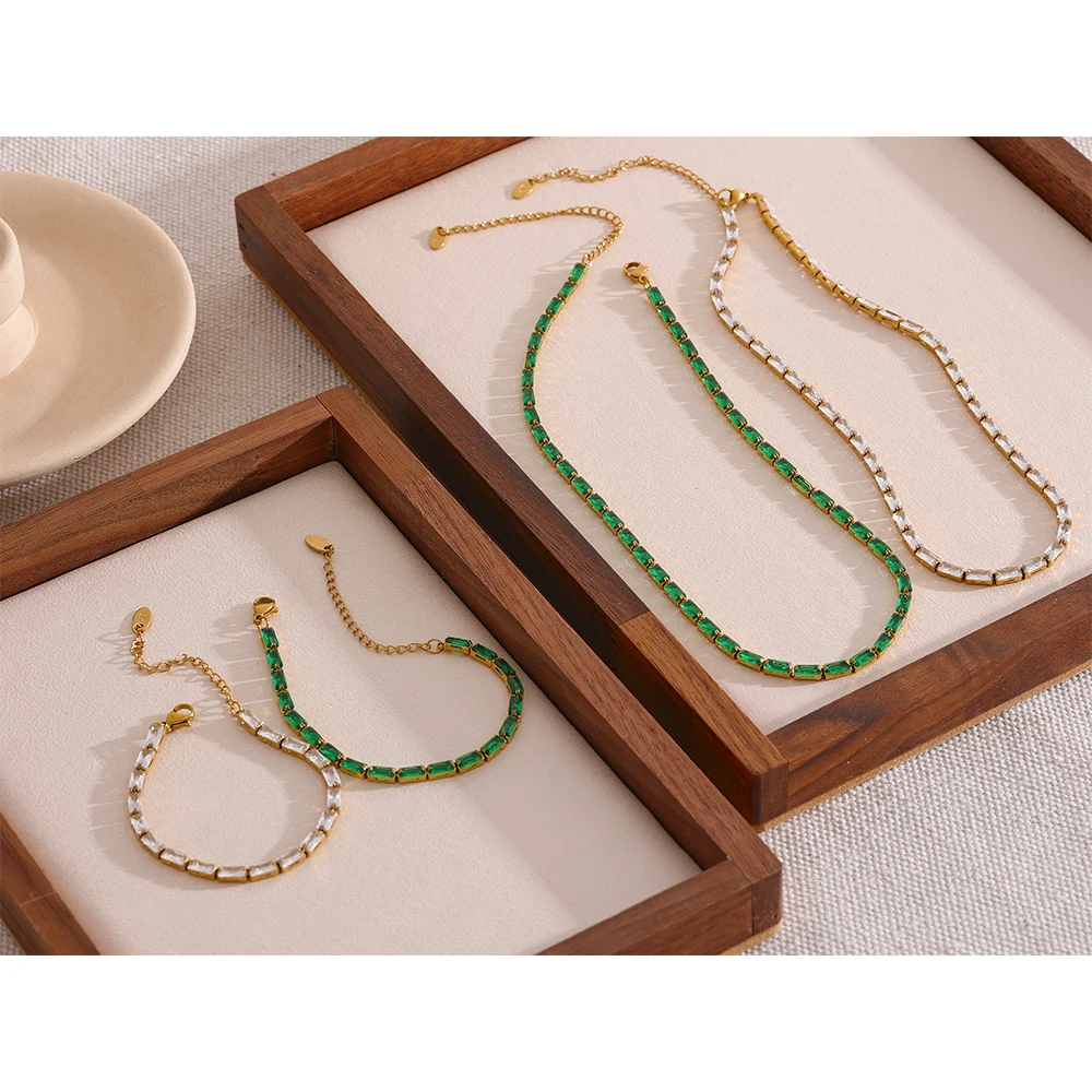 Yhpup Waterproof Fashion White Green Cubic Zirconia Stainless Steel Gorgeous Necklace Bracelet Elegant Charm Jewelry Sets Women