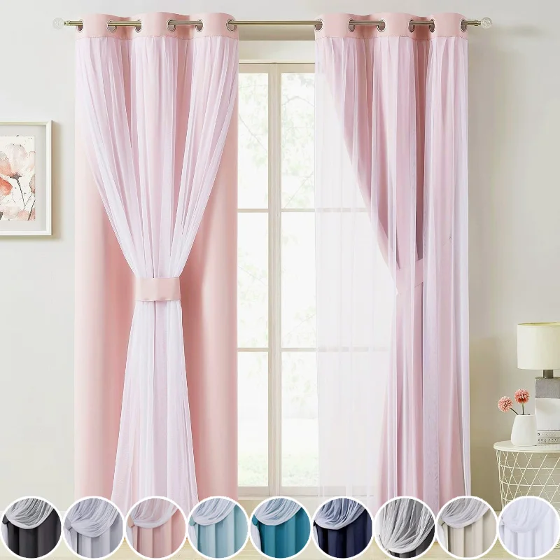 

Princess Style Double Layer Blackout Curtains Nordic Gauze Panels Thermal Insulated Grommet Top for Girls Bedroom Living Room