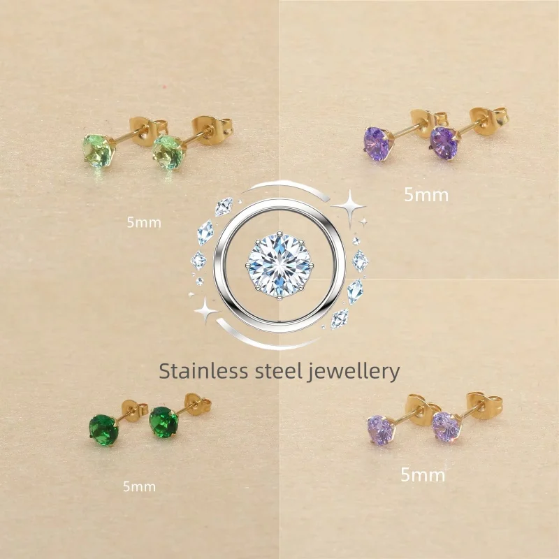 5mm 20 Colors For Choose AAA Zircons Stainless Steel Golden-color Stud Earrings No Fade Allergy Free