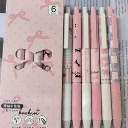 6pcs/box Pink White Color Bow Student Gel Pen Sweet Fashion Bow Heart Stationery Gel Pen Kawaii 0.5mm Black Ink Writing Pen