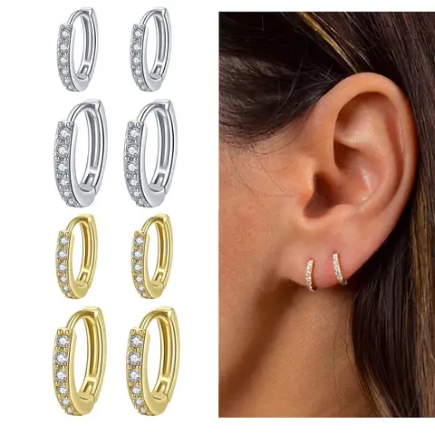 925 Sterling Silver Small Hoop Earrings Zirconia Huggie 14K Gold Plated Cartilage Piercing Ear Cuff Tiny Earrings for Women Men