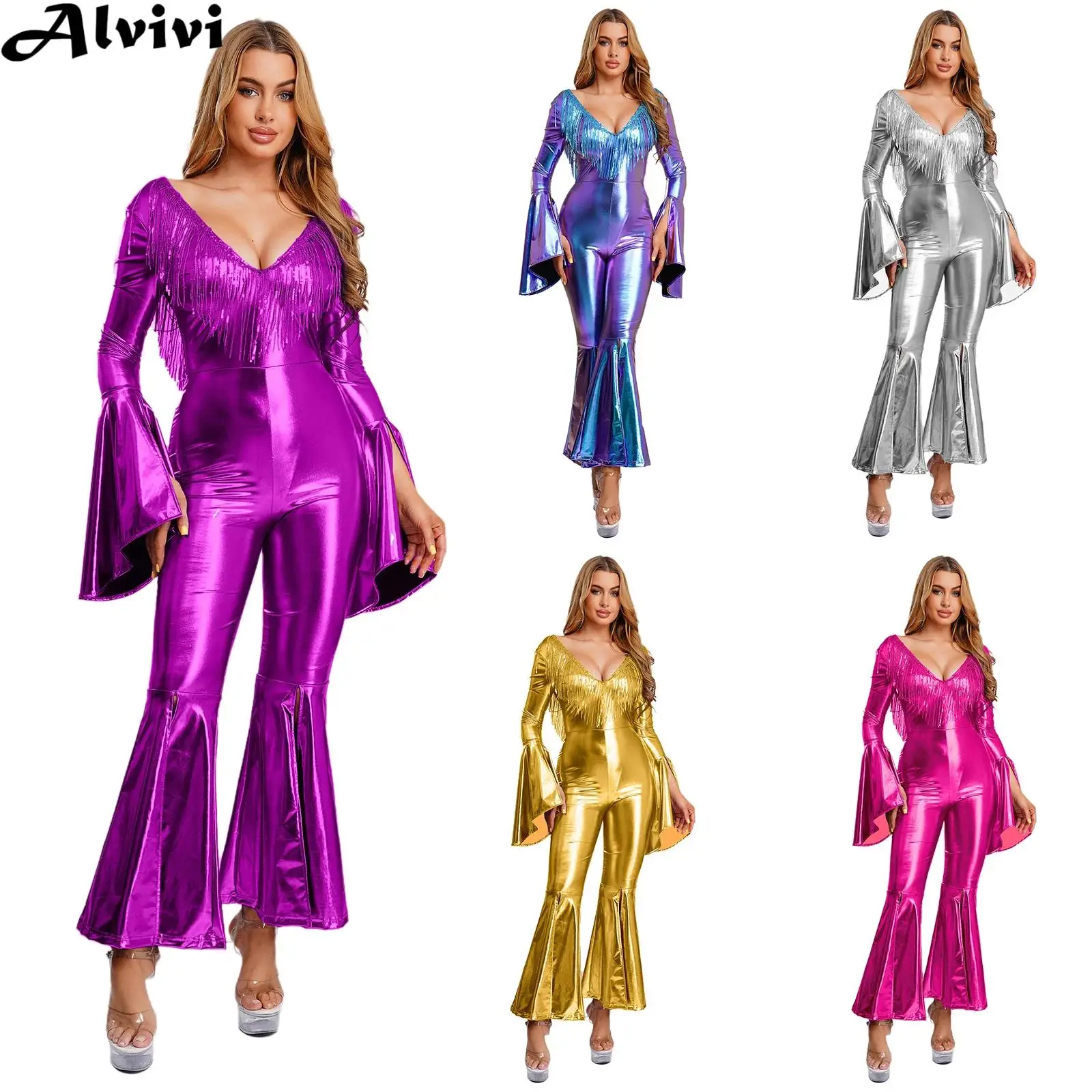 Women 70s Disco Club Dance Jumpsuit Halloween Carnival Hippie Cosplay Costume Sequin Tassel Backless Metallic Flare Bodysuit