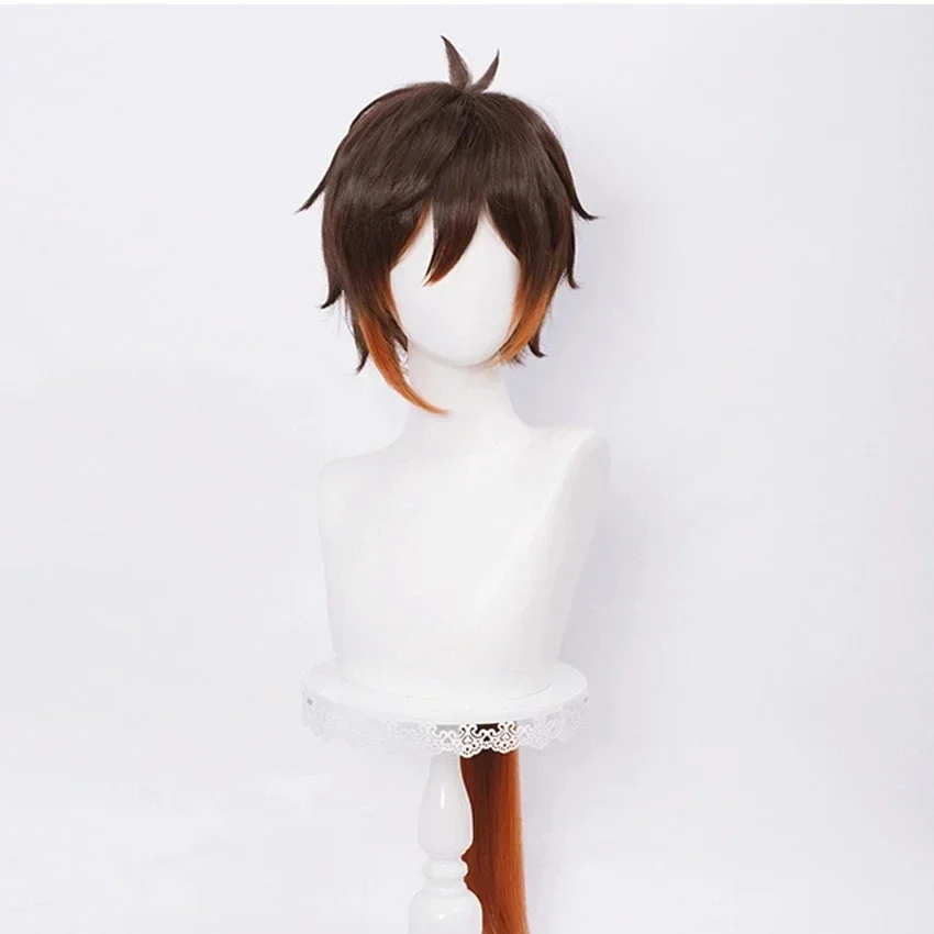 Anime Zhongli Cosplay 80cm Long Christmas Brown Orange Wig Cosplay Wigs Heat Resistant Synthetic Wigs Halloween