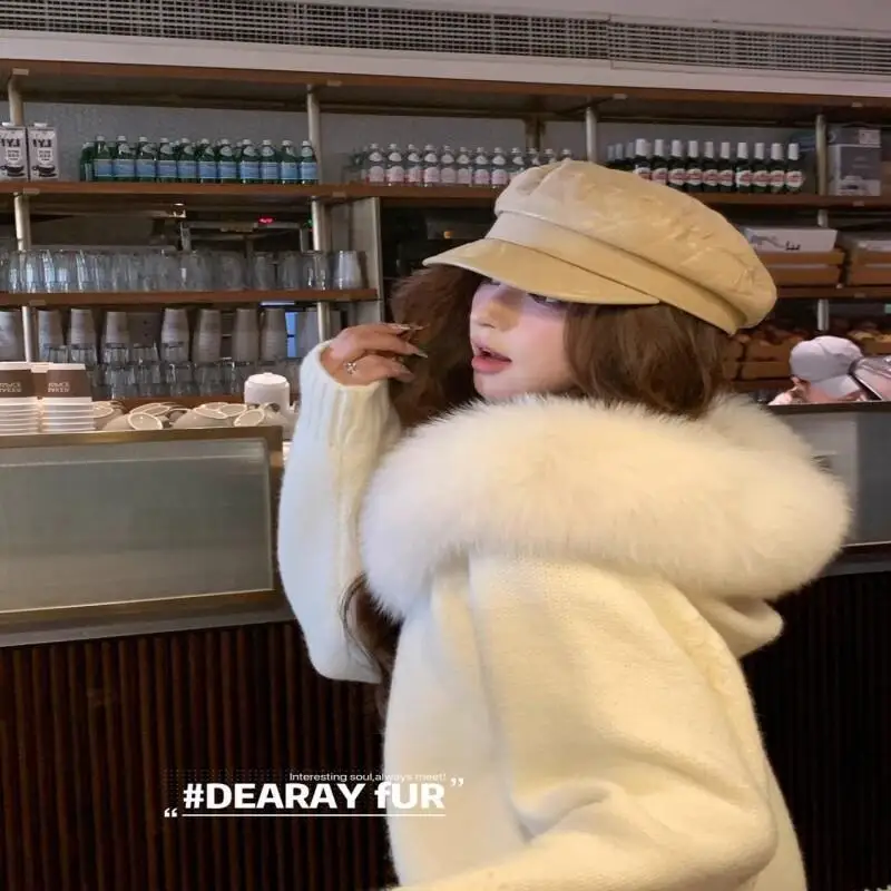 

Autumn Winter Fur Collar Hooded Sweater Women Hooded Lazy Knit Cardigan Zipper Knit Sweater Thick Tops Cute Kawaii New Style