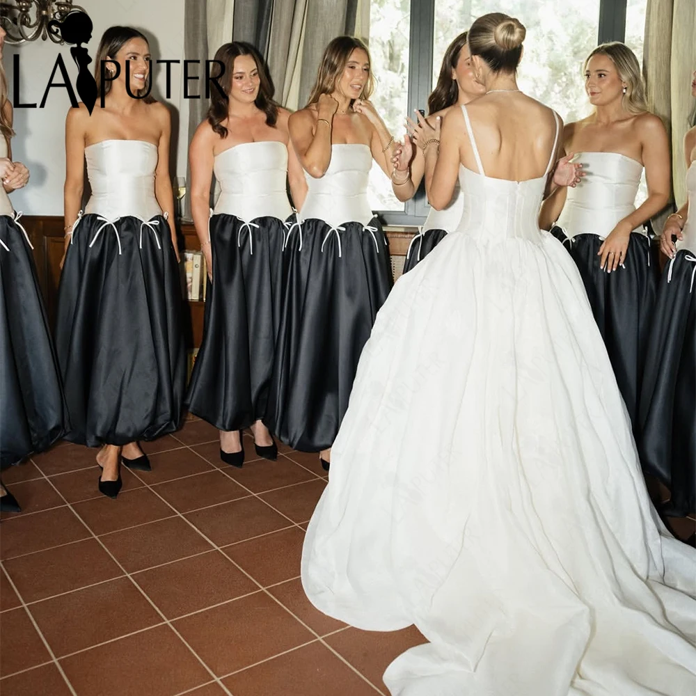 

White Black Satin Bridesmaid Dresses Cute Tiny Bow Knot Wedding Guest Gowns Strapless Neck Cute Girls Prom Dress 2026