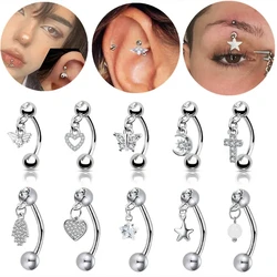 1PCS Butterfly Dangle Eyebrow Piercing Jewelry Star Rook Earring Curved Barbells Moon Eyebrow Ring Tragus Piercing Helix Jewelry