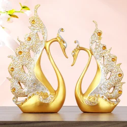 A Pair Gold Swan Lovers Home Decor Ceramic Crafts Porcelain Animal Figurines Wedding Decoration Lovers Gift