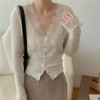 Seoulish Vintage Lace Knitted Cardigans for Women 2024 New Autumn Winter Solid Casual Slim Korean Style Ladies Tops Female