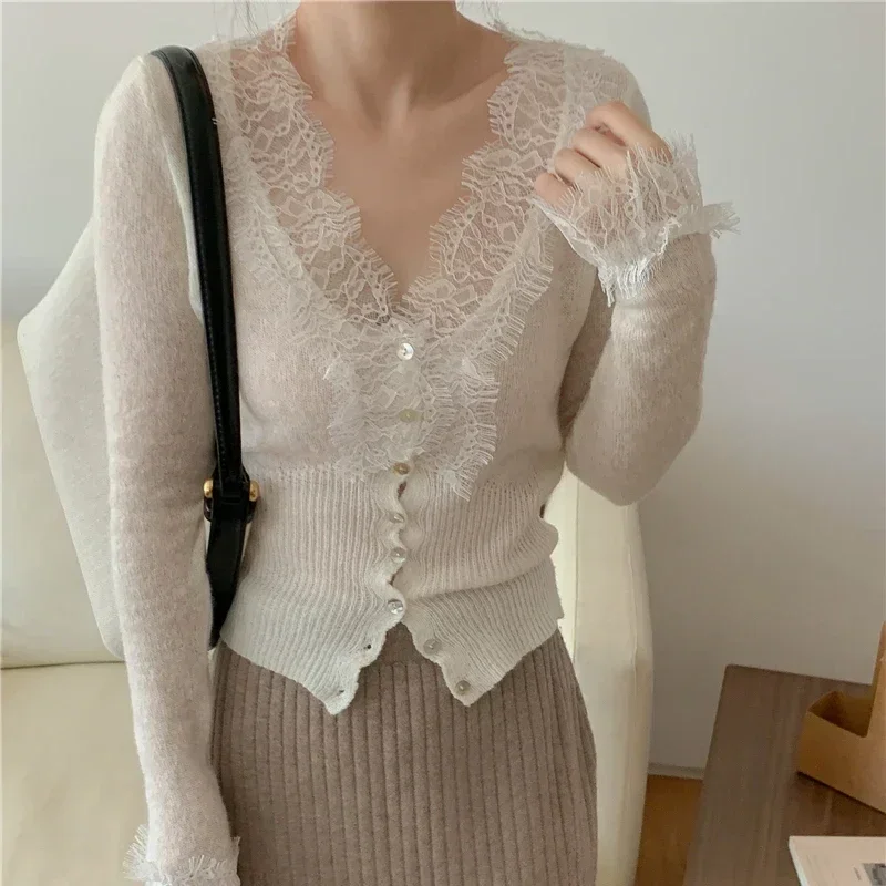 Seoulish Vintage Lace Knitted Cardigans for Women 2024 New Autumn Winter Solid Casual Slim Korean Style Ladies Tops Female