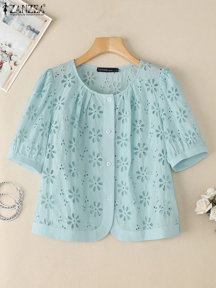 

ZANZEA Elegant 2025 Summer Blouses Fashion O-Neck Openwork Embroidery Women Solid Tops Short Puff Sleeve Casual Button Up Shirts