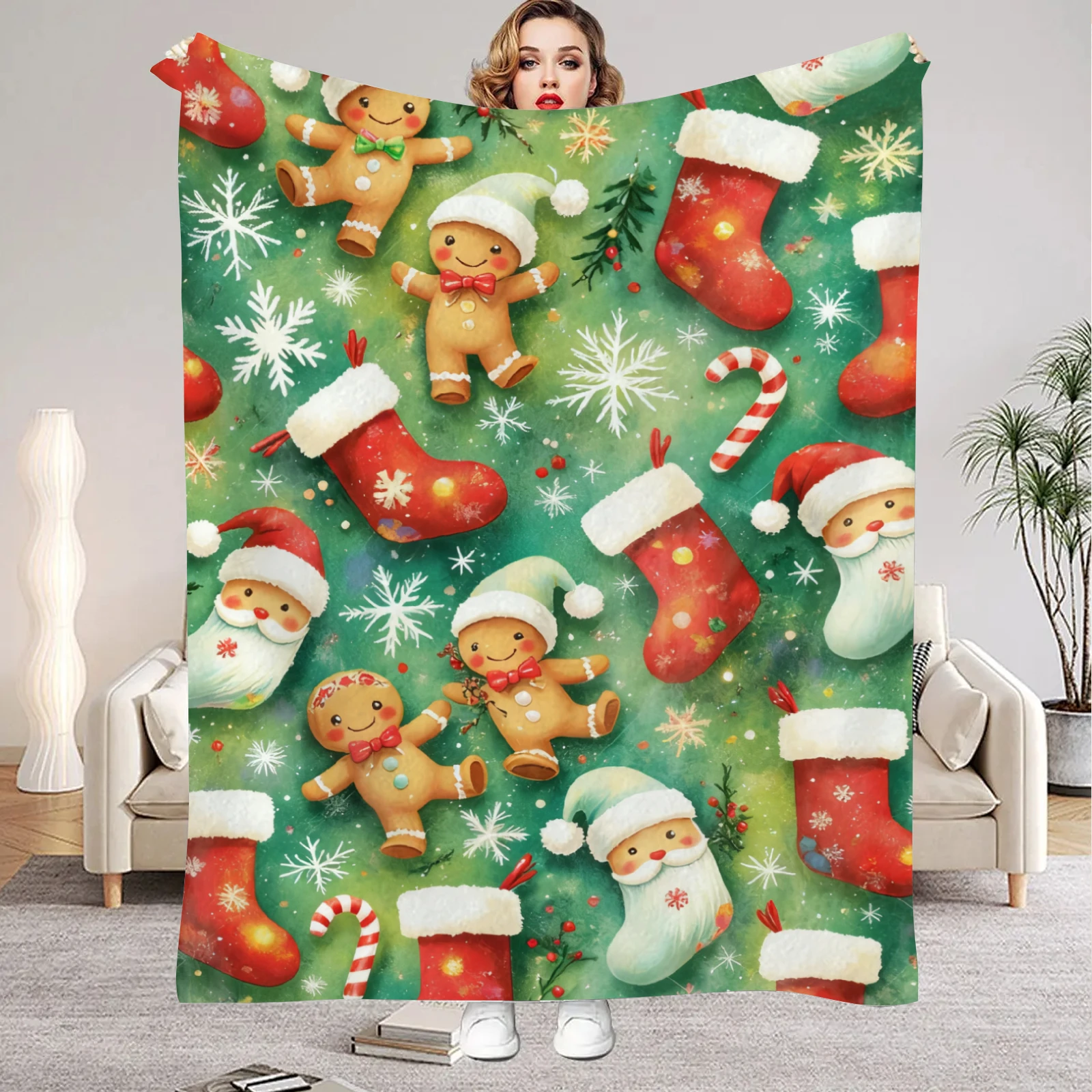 Grüne Decke Weihnachtsstrumpf Lebkuchenmann Weiche Flanelldecke für Zuhause Wohnzimmer Schlafzimmer Dekor Neujahr Weihnachtsgeschenk