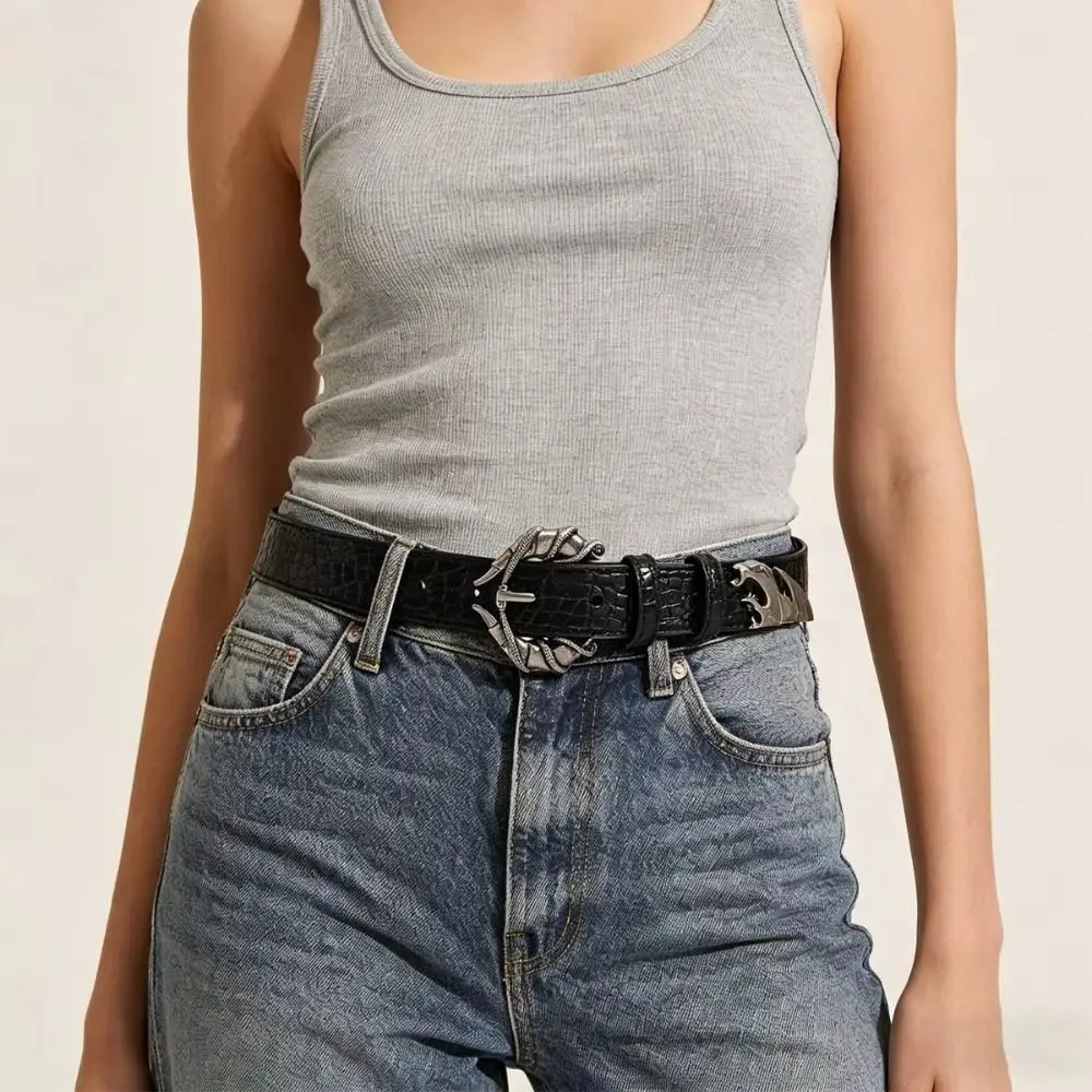 Trend PU Leather Double Snake Belt Gothic Subculture Y2K Rivet Belt Hip Hop Metal Women Belt Female