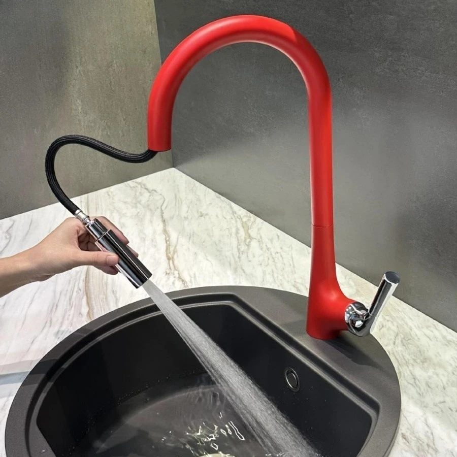 

for kitchen sink faucet pull out spray mixer tap with cold hot water function anti splash copper spout in red two tone design
